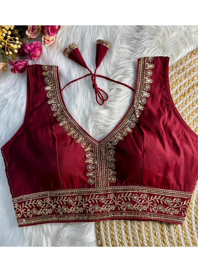 Roman Silk Maroon Party Wear Embroidery Work Readymade Blouse